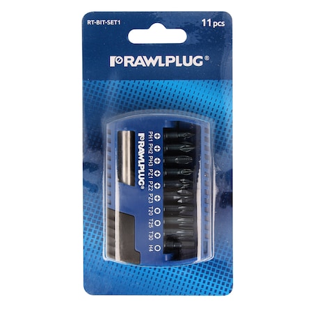 Rawlplug SCREWDRIVER BITS SET 25 MM + ADAPTER- PH1, PH2, PH3, PZ1, PZ2, PZ3, T20, T30, H4, ADAPTER 60 MM, PK10 RT0-BIT-SET1
